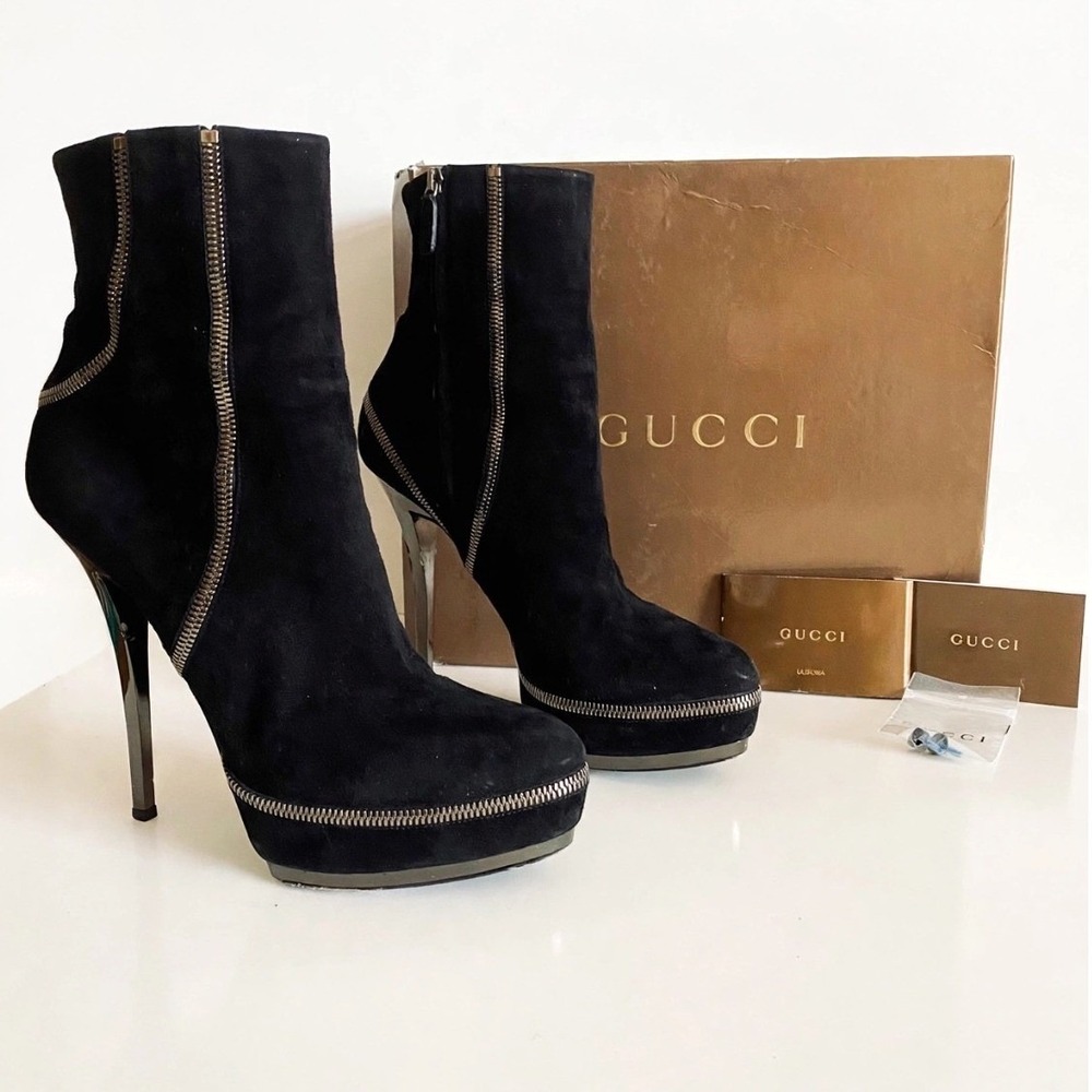 Gucci Black Suede Zipper Platform Ankle Boots 40 Stiletto Italy Frida Giannini